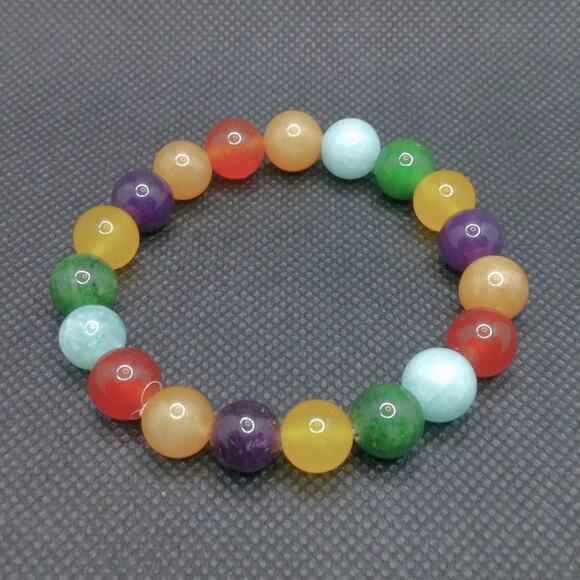 Multicolor Gemstone Bracelet Handmade 10mm Beaded Colorful Rainbow Stretch NEW - Picture 1 of 13